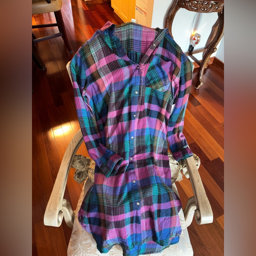 Beach Lunch Lounge Colorful Plaid Button-Up Dress-Shirt